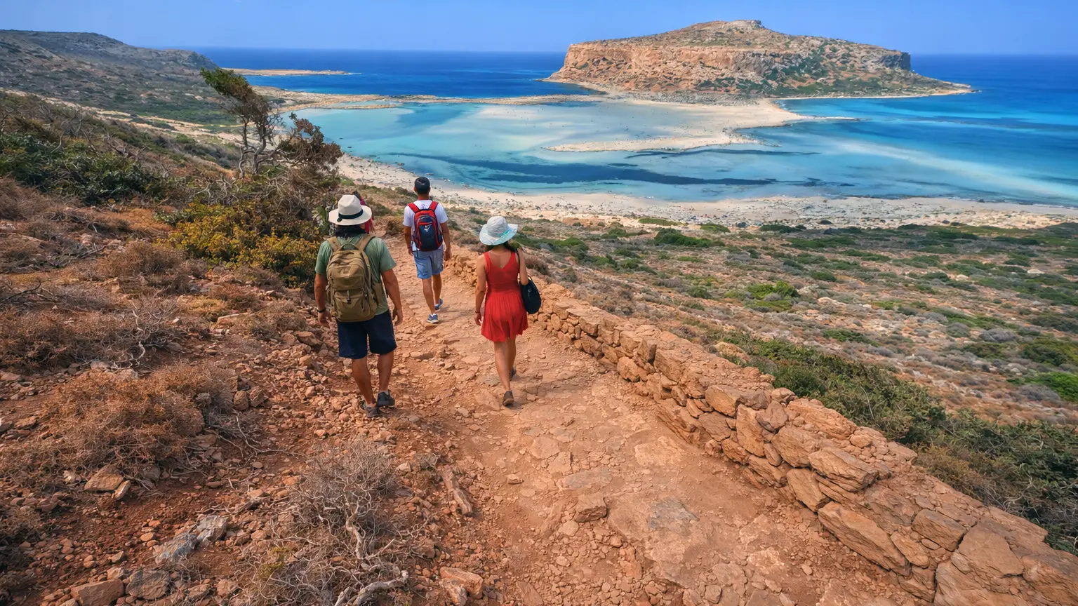 Kamienista ścieżka prowadząca z parkingu na punkt widokowy nad laguną Balos